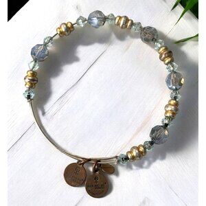 Alex And Ani Gold Charm Bangle With Blue & Clear Beads Adjustable Fit 2.0"- 3.5"